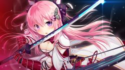 Rule 34 | 1girl, aihara shion, blush, breasts, butterfly hair ornament, cleavage, female focus, fighting stance, floating hair, game cg, hair between eyes, hair ornament, hands up, holding, holding sword, holding weapon, kizuna kirameku koi iroha, large breasts, light blush, long hair, looking at viewer, nironiro, nose blush, original, parted lips, pero, pink hair, purple eyes, sheath, simple background, solo, standing, sword, weapon
