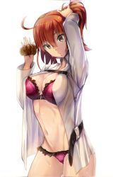 Rule 34 | 1girl, ahoge, arm up, armadillo-tokage, backlighting, bad id, bad pixiv id, bra, breasts, brown eyes, cowboy shot, fate/grand order, fate (series), frilled panties, frills, fujimaru ritsuka (female), hair between eyes, hair ornament, hair scrunchie, hand up, highres, large breasts, looking at viewer, open clothes, open shirt, panties, parted lips, polka dot, polka dot panties, purple bra, purple panties, red hair, scrunchie, shirt, simple background, solo, thighs, tying hair, underwear, wet, white background