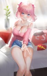 Rule 34 | 1girl, absurdres, blue eyes, blush, breasts, cleavage, commentary, couch, denim, denim shorts, grin, hair ribbon, highres, indoors, jewelry, large breasts, looking at viewer, na1tsu2me3, necklace, original, pink hair, pink ribbon, plant, potted plant, ribbon, short shorts, shorts, sitting, smile, solo, stuffed animal, stuffed rabbit, stuffed toy, symbol-only commentary, twintails, v, yes-no pillow