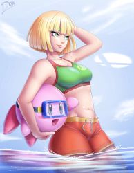 Rule 34 | 1girl, :d, adapted costume, arm up, arms (game), bare arms, bare shoulders, blonde hair, blue sky, blunt bangs, blush stickers, bob cut, breasts, carrying, carrying under arm, cleavage, closed mouth, collarbone, commentary, creature, day, diskette, english commentary, green eyes, highres, kirby, kirby (series), medium breasts, min min (arms), navel, nintendo, open mouth, orange shorts, outdoors, short hair, shorts, signature, sky, smile, sports bra, sticker, stomach, super smash bros., wading, water