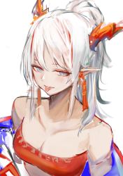 Rule 34 | 1girl, alternate eye color, arknights, bandeau, blue eyes, breasts, cleavage, collarbone, commentary, dragon horns, ear piercing, english commentary, gnai, highres, horns, long hair, multicolored hair, nian (arknights), off shoulder, piercing, pointy ears, ponytail, portrait, red bandeau, red hair, simple background, sketch, solo, streaked hair, tongue, tongue out, white background, white hair