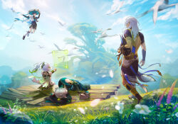 Rule 34 | 1girl, 3boys, alhaitham (genshin impact), anne (anne 0417), armor, bird, blue sky, blurry, blurry foreground, cape, commentary request, cyno (genshin impact), dark-skinned male, dark skin, day, dress, floating, floating hair, flower, genshin impact, grass, green hair, grey hair, hat, height difference, highres, holding, japanese armor, kote, kurokote, long hair, long sleeves, looking afar, looking at another, lying, multicolored hair, multiple boys, nahida (genshin impact), on side, open clothes, open vest, outdoors, pants, scaramouche (genshin impact), scenery, shirt, side ponytail, sitting, sky, sleeping, taking picture, toeless footwear, tree, two-tone hair, unworn hat, unworn headwear, vest, walking, wanderer (genshin impact), white hair, wind