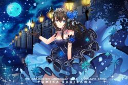 Rule 34 | 10s, 1girl, artist name, black dress, black gloves, black hair, blue eyes, blue n, blush, breasts, character name, cleavage, dress, flower, full moon, gloves, hair flower, hair ornament, idolmaster, idolmaster cinderella girls, idolmaster cinderella girls starlight stage, jewelry, lamppost, long hair, looking at viewer, moon, necklace, petals, sagisawa fumika, smile, solo, sparkle, tiara