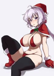 Rule 34 | 1girl, ahoge, bikini, blush, breasts, christmas, commentary request, gloves, hair between eyes, hat, highres, large breasts, long hair, looking at viewer, low twintails, open mouth, purple eyes, santa bikini, santa hat, senki zesshou symphogear, shanaharuhi, silver hair, simple background, solo, swimsuit, thighhighs, twintails, very long hair, yukine chris