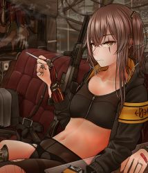 Rule 34 | 1girl, 404 logo (girls&#039; frontline), android, armband, bad id, bad pixiv id, cable, cigarette, damaged, expressionless, girls&#039; frontline, gun, h&amp;k ump, h&amp;k ump, hair ornament, jacket, jewelry, long hair, magazine (weapon), mechanical parts, midriff, navel, pantyhose, ring, scar, scar across eye, scar on face, side ponytail, sitting, smoking, solo, sports bra, submachine gun, thighband pantyhose, torn clothes, torn pantyhose, turisasu, ump45 (girls&#039; frontline), weapon, yellow eyes, zipper