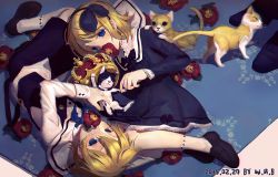 Rule 34 | 1boy, 1girl, 2016, artist name, blonde hair, blue bow, blue dress, blue eyes, blue hairband, blue jacket, blue shorts, bow, brother and sister, cat, crown, dated, dress, flower, flower in mouth, hair bow, hairband, jacket, kagamine len, kagamine rin, kitten, lying, mary janes, mouth hold, on side, pale skin, red flower, sailor collar, shirt, shoes, short hair, shorts, siblings, sleeveless blazer, socks, twins, upside-down, vocaloid, w.r.b, white shirt