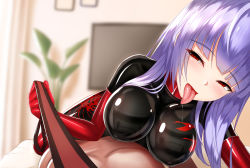 Rule 34 | 1boy, 1girl, asagami fujino, bad id, bad pixiv id, bodysuit, bondage outfit, clothed female nude male, covered erect nipples, day, erection, fate (series), gimp suit, girl on top, gloves, highres, indoors, kara no kyoukai, latex, latex bodysuit, latex gloves, latex legwear, latex suit, leash, licking lips, lotion, naughty face, nekoda (maoda), nude, penis, plant, potted plant, pov, purple hair, red eyes, skin tight, television, tongue, tongue out, viewer on leash