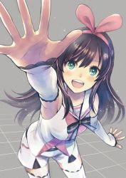 Rule 34 | 1girl, :d, aqua eyes, arm up, armpits, bare shoulders, blush, breasts, brown hair, hairband, heart, heart-shaped pupils, idol, kizuna ai, kizuna ai inc., leaning forward, long hair, looking at viewer, medium breasts, multicolored hair, open mouth, outstretched arm, pink hair, reaching, reaching towards viewer, sailor collar, shorts, sleeveless, smile, solo, streaked hair, symbol-shaped pupils, thighhighs, two-tone hair, virtual youtuber
