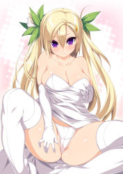 Rule 34 | 1girl, ass, blonde hair, breast hold, breasts, cameltoe, cleavage, dress, elbow gloves, flower, gloves, hair flower, hair ornament, hairclip, heart, heart-shaped pupils, highres, kinoshita ichi, large breasts, long hair, looking at viewer, original, panties, purple eyes, smile, solo, spread legs, strapless, strapless dress, symbol-shaped pupils, thighhighs, twintails, underwear, white panties