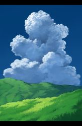 Rule 34 | absurdres, bad id, bad pixiv id, blue sky, cloud, day, female focus, grass, hat, highres, hill, landscape, letterboxed, no humans, original, sasaj, scenery, sky, touhou