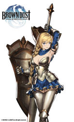 Rule 34 | 1girl, arm up, armor, armored dress, blonde hair, blue dress, blue eyes, blue gloves, blue scarf, blue skirt, blush, boots, braid, breastplate, breasts, brown dust, cleavage, crossed legs, detached sleeves, dress, elbow gloves, gauntlets, gloves, hair between eyes, holding, holding polearm, holding spear, holding weapon, ing9, knee boots, knee pads, lance, large breasts, legs together, long hair, looking at viewer, polearm, scarf, shield, simple background, single braid, skirt, solo, spear, standing, strapless, strapless dress, thighhighs, weapon, white background, white footwear, white thighhighs