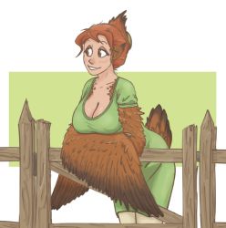 Rule 34 | 1girl, against railing, animal ears, bird ears, bird tail, breasts, brown eyes, brown feathers, brown hair, brown wings, cleavage, commentary, crossed arms, dress, english commentary, feathered wings, feathers, fence, folded ponytail, green background, green dress, hair up, harpy, large breasts, leaning forward, mature female, monster girl, mother hen (slightlysimian), original, parted lips, railing, slightlysimian, smile, solo, tail, two-tone background, white background, winged arms, wings
