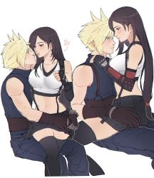 Rule 34 | 1boy, 1girl, bare shoulders, black hair, black skirt, black thighhighs, blonde hair, blue eyes, blush, breasts, cloud strife, couple, crop top, detached sleeves, earrings, final fantasy, final fantasy vii, final fantasy vii remake, fingerless gloves, gloves, heart, hetero, jewelry, large breasts, long hair, looking at another, low-tied long hair, midriff, navel, pudelmudel, red eyes, simple background, sitting, sitting on lap, sitting on person, skirt, sleeveless, sleeveless turtleneck, spiked hair, square enix, suspender skirt, suspenders, tank top, thighhighs, tifa lockhart, turtleneck, white background, white tank top, zettai ryouiki