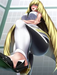 Rule 34 | 1girl, absurdres, alternate breast size, bare shoulders, blonde hair, blouse, blunt bangs, blush, breasts, creatures (company), crossed arms, game freak, gem, green eyes, green gemstone, high heels, highres, indoors, large breasts, leg lift, long hair, looking down, lusamine (pokemon), mature female, multicolored pants, nintendo, open mouth, pants, pokemon, pokemon sm, shirt, sleeveless, sleeveless shirt, smile, solo, standing, standing on one leg, tama (tamakaka1031), thighs, very long hair, white shirt