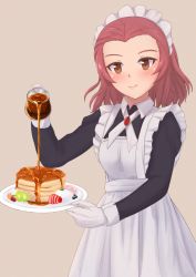 Rule 34 | 10s, 1girl, alternate costume, apron, bad id, bad pixiv id, blush, brown eyes, enmaided, food, food request, fruit, girls und panzer, gloves, highres, huniend, maid, maid apron, maid headdress, pancake, pancake stack, pink hair, rosehip (girls und panzer), short hair, smile, solo, syrup, tan background, white gloves