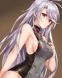 Rule 34 | 1girl, ahoge, antenna hair, azur lane, bare arms, blush, breasts, brown background, brown eyes, brown hair, closed mouth, cross, dutch angle, gradient background, grey leotard, hair down, hand on own chest, index finger raised, iron cross, ks (xephyrks), leotard, long hair, looking at viewer, medium breasts, mole, mole on breast, multicolored hair, prinz eugen (azur lane), sideboob, sidelocks, silver hair, solo, streaked hair, swept bangs, tsurime, upper body
