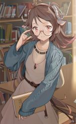Rule 34 | 1girl, absurdres, adjusting eyewear, ahoge, animal ears, arknights, belt, black-framed eyewear, blue cardigan, book, bookshelf, brown dress, brown hair, cardigan, casual, chair, chinese commentary, chromatic aberration, curled horns, dress, eyjafjalla (arknights), highres, holding, holding book, horns, indoors, jewelry, long hair, long sleeves, looking at viewer, making-of available, necklace, open cardigan, open clothes, pendant, plant, red eyes, round eyewear, semi-rimless eyewear, sheep horns, sleeves past wrists, smile, solo, table, under-rim eyewear, vase, very long hair, zhili xingzou