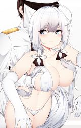 Rule 34 | 1boy, 1girl, absurdres, azur lane, bikini, blue eyes, grabbing another&#039;s breast, breasts, brown hair, cleavage, commander (azur lane), covered erect nipples, elbow gloves, gloves, grabbing, grabbing from behind, hat, heart, heart-shaped pupils, heart in eye, highres, illustrious (azur lane), jacket, large breasts, long hair, military, military uniform, naval uniform, peaked cap, samip, short hair, simple background, standing, swimsuit, symbol-shaped pupils, symbol in eye, underwear, uniform, very long hair, white background, white bikini, white hair, white headwear, white jacket