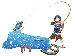 Rule 34 | 1girl, bad id, bad pixiv id, belt, blush stickers, fish, fishing, fishing rod, grey hair, head scarf, holding, holding fishing rod, open mouth, original, pirate, ponytail, sandals, shorts, solo, striped, surreal, sword, water, weapon, what, yaza