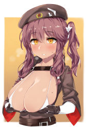 Rule 34 | 1girl, bad id, bad pixiv id, belt, belt buckle, beret, bikini, bikini under clothes, black gloves, black hat, blush, breast hold, breasts, buckle, cleavage, collared shirt, flower, girls&#039; frontline, gloves, hair flower, hair ornament, hair tie, hat, huge breasts, kylin, long hair, open clothes, open shirt, outside border, parted lips, purple hair, saiga-12 (girls&#039; frontline), shirt, side ponytail, solo, sweat, swimsuit, upper body, white bikini, wide sleeves, yellow eyes
