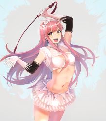 Rule 34 | 1girl, bad id, bad pixiv id, bare legs, breasts, elbow gloves, fate/grand order, fate (series), gloves, holding, holding riding crop, large breasts, legs, long hair, medb (fate), midriff, miniskirt, navel, ofstan, orange eyes, pink hair, pleated skirt, riding crop, skirt, smile, solo, teeth, thighs