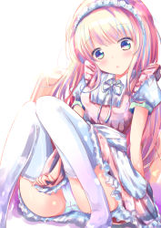 Rule 34 | 1girl, apron, blonde hair, blue hair, blush, collared shirt, commentary request, covering privates, covering crotch, dress, dress shirt, frilled dress, frills, green eyes, green ribbon, head tilt, knees together feet apart, long hair, looking at viewer, maid, maid headdress, multicolored hair, neck ribbon, no shoes, original, panties, parted lips, puffy short sleeves, puffy sleeves, red dress, ribbon, shihou haru, shirt, short sleeves, sitting, sleeveless, sleeveless dress, solo, streaked hair, thighhighs, underwear, very long hair, waist apron, white apron, white panties, white shirt, white thighhighs