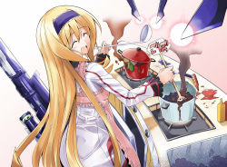 Rule 34 | 10s, 1girl, :d, ^ ^, apron, bad food, bibi02, blonde hair, cecilia alcott, closed eyes, cooking, closed eyes, hairband, infinite stratos, kitchen, ladle, long hair, messy, messy room, open mouth, pot, smile, solo, uniform