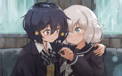 Rule 34 | 2girls, arm around shoulder, black dress, black hair, black jacket, blazer, blue eyes, dress, earbuds, earphones, eye contact, face-to-face, hand on another&#039;s shoulder, hug, jacket, k-go, konno junko, long hair, looking at another, low twintails, mizuno ai, multiple girls, red eyes, sailor collar, sailor dress, school uniform, shared earphones, shirt, short hair, silver hair, sitting, smile, twintails, upper body, white shirt, zombie land saga