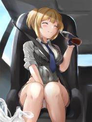 Rule 34 | 1girl, ^ ^, bad id, bad pixiv id, bag, between legs, black gloves, black vest, blonde hair, blue necktie, blush, bottle, braid, breasts, brown skirt, car interior, closed eyes, closed mouth, collared shirt, corset, covered navel, day, drink, female focus, girls&#039; frontline, gloves, grey shirt, hand between legs, hand up, happy, highres, holding, holding bottle, knees together feet apart, light rays, medium breasts, miniskirt, necktie, panties, pantyshot, pinstripe pattern, pinstripe vest, plastic bag, pleated skirt, seat, seatbelt, shirt, short hair, sidelocks, sitting, skirt, sleeves rolled up, smile, solo, striped clothes, striped vest, sunlight, two side up, underwear, upskirt, vest, welrod mkii (girls&#039; frontline), white panties, yukinoshiro