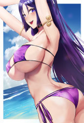 Rule 34 | 1girl, absurdres, armlet, armpits, arms behind head, arms up, ass, bare shoulders, beach, beads, bikini, blue sky, blush, breasts, choker, cleavage, collarbone, covered erect nipples, eyepatch bikini, fate/grand order, fate (series), highres, large breasts, long hair, looking at viewer, looking back, minamoto no raikou (fate), minamoto no raikou (fate/grand order), minamoto no raikou (swimsuit lancer) (fate), ocean, open mouth, parted bangs, pouch, purple bikini, purple eyes, purple hair, rororo, sideboob, sky, smile, solo, swimsuit, underboob, very long hair