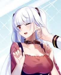 Rule 34 | 1girl, absurdres, aer (tengqiu), alternate costume, breasts, collar, collarbone, earrings, essex (warship girls r), highres, jewelry, large breasts, long hair, one eye closed, red eyes, red shirt, shirt, short sleeves, solo focus, twintails, upper body, warship girls r, white hair