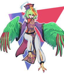 Rule 34 | 1girl, absurdres, bare shoulders, bird legs, clothing request, commentary request, detached sleeves, feathered wings, feathers, green feathers, green hair, green wings, harpy, hat, highres, jiangshi, monster girl, multicolored clothes, multicolored hair, multicolored hat, ofuda, ofuda on head, open mouth, original, red eyes, red hair, solo, stitched face, stitches, talons, togenomaru, tongue, tongue out, two-tone hair, wide sleeves, winged arms, wings
