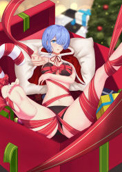 Rule 34 | 1girl, absurdres, arm support, arm under breasts, ass, black bra, black panties, blue eyes, blue hair, blush, box, bra, breasts, candy, candy cane, capelet, christmas, christmas tree, cleavage, commentary request, czwwjx, feet, feet out of frame, food, fur-trimmed capelet, fur trim, gift, hair over one eye, highres, hood, hood down, hooded capelet, in box, in container, indoors, legs up, looking at viewer, lying, medium breasts, navel, no hairclip, on back, open mouth, panties, pillow, re:zero kara hajimeru isekai seikatsu, reaching, reaching towards viewer, red capelet, red ribbon, rem (re:zero), ribbon, short hair, solo, spread legs, thighs, underwear, underwear only