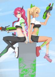 Rule 34 | 2girls, angelchama, black pants, black shorts, blonde hair, blue eyes, breasts, character name, crop top, gun, halo, heterochromia, highres, holding, holding gun, holding weapon, hololive, hololive dance practice uniform, hololive english, irys (hololive), large breasts, long hair, looking at viewer, medium breasts, multicolored hair, multiple girls, official alternate costume, paint on body, paint on clothes, pants, pink eyes, ponytail, purple hair, red eyes, red footwear, red hair, shiranui flare, shirt, shoes, shorts, smile, star halo, two-tone hair, virtual youtuber, weapon, white footwear, white shirt