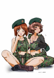 Rule 34 | 2girls, ;p, akanbe, akiyama yukari, ammunition, arm support, artist name, bandaid, belt, beret, black gloves, black headwear, boots, bra, breasts, brown eyes, brown hair, camouflage, camouflage pants, camouflage shorts, camouflage tank top, canteen, cleavage, closed eyes, collar tug, collarbone, combat boots, commentary request, crop top, day, dog tags, emblem, eyelid pull, full body, girls und panzer, gloves, hat, hot, indian style, load bearing equipment, looking at viewer, medium breasts, messy hair, military, military hat, multiple girls, nakamura 3sou, name tag, navel, nishizumi miho, one eye closed, panties, pants, panty peek, pink bra, short hair, shorts, signature, simple background, sitting, sweat, tactical clothes, tank top, tongue, tongue out, underwear, white background, white panties
