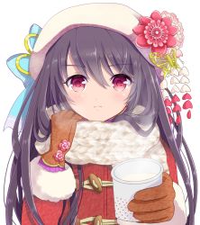 Rule 34 | 1girl, beret, blue bow, blush, bow, brown gloves, close-up, coat, cup, drink, flower, giving, gloves, hair between eyes, hat, hat boe, hat bow, hat flower, kasumi (shironeko project), long hair, long sleeves, looking at viewer, milk, purple hair, red eyes, religious offering, rukotan, scarf, shironeko project, simple background, solo, steam, white background, white scarf, winter clothes, winter coat