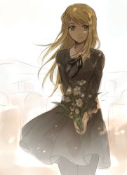 Rule 34 | 1girl, blonde hair, bouquet, clothes lift, dappled sunlight, day, dress, expressionless, floating hair, flower, fullmetal alchemist, long hair, long sleeves, outdoors, ribbon, riru, solo, sunlight, tombstone, white flower, wind, wind lift, winry rockbell