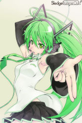 Rule 34 | 1girl, armpits, bare shoulders, detached sleeves, fingernails, green eyes, hatsune miku, headphones, long hair, necktie, outstretched hand, parted lips, pleated skirt, skirt, solo, twintails, vocaloid, yoshijima ataru