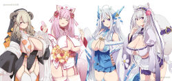 Rule 34 | 4girls, ^ ^, ahoge, animal ear fluff, animal ears, belt, blush, breast curtains, breasts, brown hair, cleavage, closed eyes, closed mouth, curled horns, detached sleeves, flower, garter straps, hair flower, hair ornament, hair over one eye, hands up, hat, heart, highres, horns, indie virtual youtuber, inori marie, japanese clothes, kichihachi, large breasts, long hair, long sleeves, looking at viewer, medium hair, mikoshiba mikoto (vtuber), miyako miyuri, mole, mole on breast, multiple girls, nun, nurse cap, obi, open mouth, pink eyes, pink hair, pointy ears, puffy long sleeves, puffy sleeves, purple belt, purple eyes, sash, simple background, sleeves past fingers, sleeves past wrists, smile, standing, tail, tenshouin himeno, thick eyebrows, thighhighs, thighs, twitter username, underboob, virtual youtuber, white background, white hair, white sleeves, white thighhighs, wide sleeves