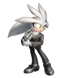 Rule 34 | 1boy, animal ears, animal nose, black footwear, black jacket, black pants, body fur, closed mouth, collared jacket, formal, full body, furry, furry male, gloves, grey fur, grey shirt, hands up, hedgehog, hedgehog ears, highres, inualet33, jacket, long sleeves, looking to the side, male focus, open clothes, open jacket, pants, shirt, shoes, silver the hedgehog, simple background, socks, solo, sonic (series), standing, suit, white background, white gloves, white socks, yellow eyes