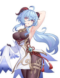 Rule 34 | 1girl, absurdres, ahoge, arm up, armpits, bare shoulders, bell, blue hair, blush, breasts, brown pantyhose, chinese knot, cowboy shot, detached sleeves, flower knot, ganyu (genshin impact), genshin impact, gold trim, highres, horns, long hair, looking at viewer, low ponytail, medium breasts, neck bell, open mouth, pantyhose, purple eyes, sideboob, sidelocks, single sleeve, unworn sleeves, solo, standing, sweat, tassel, teeth, thighlet, thighs, upper teeth only, vision (genshin impact), waist cape, white background, white sleeves, xxpainter