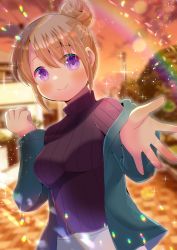 Rule 34 | 1girl, black sweater, blue jacket, blurry, blurry background, blush, breasts, brown hair, closed mouth, commentary request, depth of field, grey skirt, hair between eyes, hair bun, hand up, jacket, kou hiyoyo, lens flare, long sleeves, looking at viewer, medium breasts, open clothes, open jacket, original, outdoors, purple eyes, ribbed sweater, single hair bun, skirt, smile, solo, sunset, sweater, turtleneck, turtleneck sweater