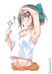 Rule 34 | 1girl, armpits, bare arms, bare shoulders, breasts, cleavage, collarbone, ebifurya, from side, grey hair, highres, kantai collection, looking down, navel, ponytail, school uniform, shirt, simple background, small breasts, smug, sweat, sweatdrop, tank top, twitter username, upper body, white background, white shirt, yuubari (kancolle)