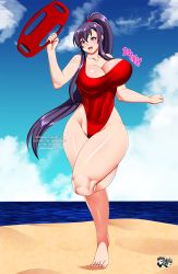 Rule 34 | 1girl, amaya haruko, beach, breasts, highres, jadenkaiba, large breasts, lifeguard, maken-ki!, ocean, one-piece swimsuit, ponytail, red one-piece swimsuit, solo, swimsuit