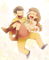 Rule 34 | 10s, 1boy, 1girl, artist name, blunt bangs, boots, braid, brown hair, couple, cross-laced footwear, heart, heart in mouth, hetero, hiyoco (hiyoco110), jumpsuit, jyushimatsu&#039;s girlfriend, lace-up boots, laughing, long hair, matsuno jyushimatsu, orange jumpsuit, osomatsu-kun, osomatsu-san, osomatsu (series), skirt, smile, wristband