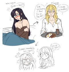 Rule 34 | ...?, 2girls, aftersex, alternate hairstyle, aqua eyes, arrow (symbol), bacon, bare arms, bare shoulders, bed, black hair, black shirt, blanket, blonde hair, blue eyes, blush, breasts, choker, cleavage, collarbone, confused, cup, dashingicecream, drinking glass, egg, embarrassed, english text, eyebrows, eyelashes, female focus, food, full-face blush, genshin impact, hair between eyes, hair down, highres, implied sex, jean (genshin impact), light blush, long hair, long sleeves, looking to the side, loose clothes, mona (genshin impact), multiple girls, nose blush, open collar, open mouth, plate, shirt, sitting, sleeves past elbows, speech bubble, @ @, strapless, teeth, tongue, white background, white shirt, yuri