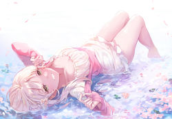 Rule 34 | 1girl, blonde hair, breasts, cherry blossoms, hanami, kanola u, looking at viewer, lying, medium breasts, on back, onsen, original, partially submerged, short hair, smile, solo, yellow eyes