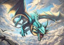 Rule 34 | bird, claws, cloud, crow, dragon, fantasy, flying, highres, horns, monster, no humans, open mouth, original, outdoors, robuja, scales, sharp teeth, sky, tail, teeth, western dragon, wings