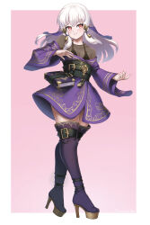 Rule 34 | 1girl, alternate costume, alternate species, belt, black border, blush, book, boots, border, breasts, bright pupils, burnt green tea, cleavage, commentary, commission, covered collarbone, dress, elf, fire emblem, fire emblem: three houses, full body, gold trim, gradient background, hair ornament, highres, long hair, lysithea von ordelia, nintendo, off-shoulder dress, off shoulder, outside border, pink background, pointy ears, purple dress, purple footwear, red eyes, simple background, small breasts, smile, solo, standing, tassel, tassel hair ornament, thigh boots, white hair, white pupils, wide sleeves
