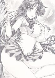 Rule 34 | 1girl, bishoujo senshi sailor moon, covered erect nipples, elbow gloves, gloves, graphite (medium), greyscale, hino rei, legs, long hair, looking at viewer, mikuro, monochrome, sailor mars, solo, thighs, traditional media